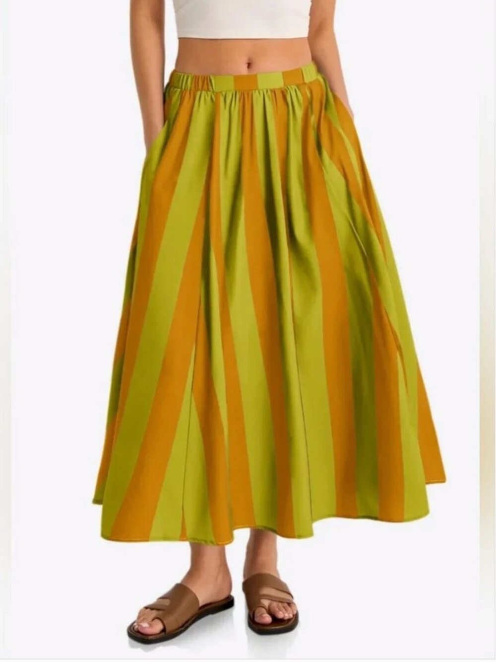 Free People NWT Green Brown Striped Midi Skirt size M